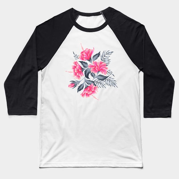 Hibiscus Floral - Light Grey / Pink Baseball T-Shirt by andreaalice